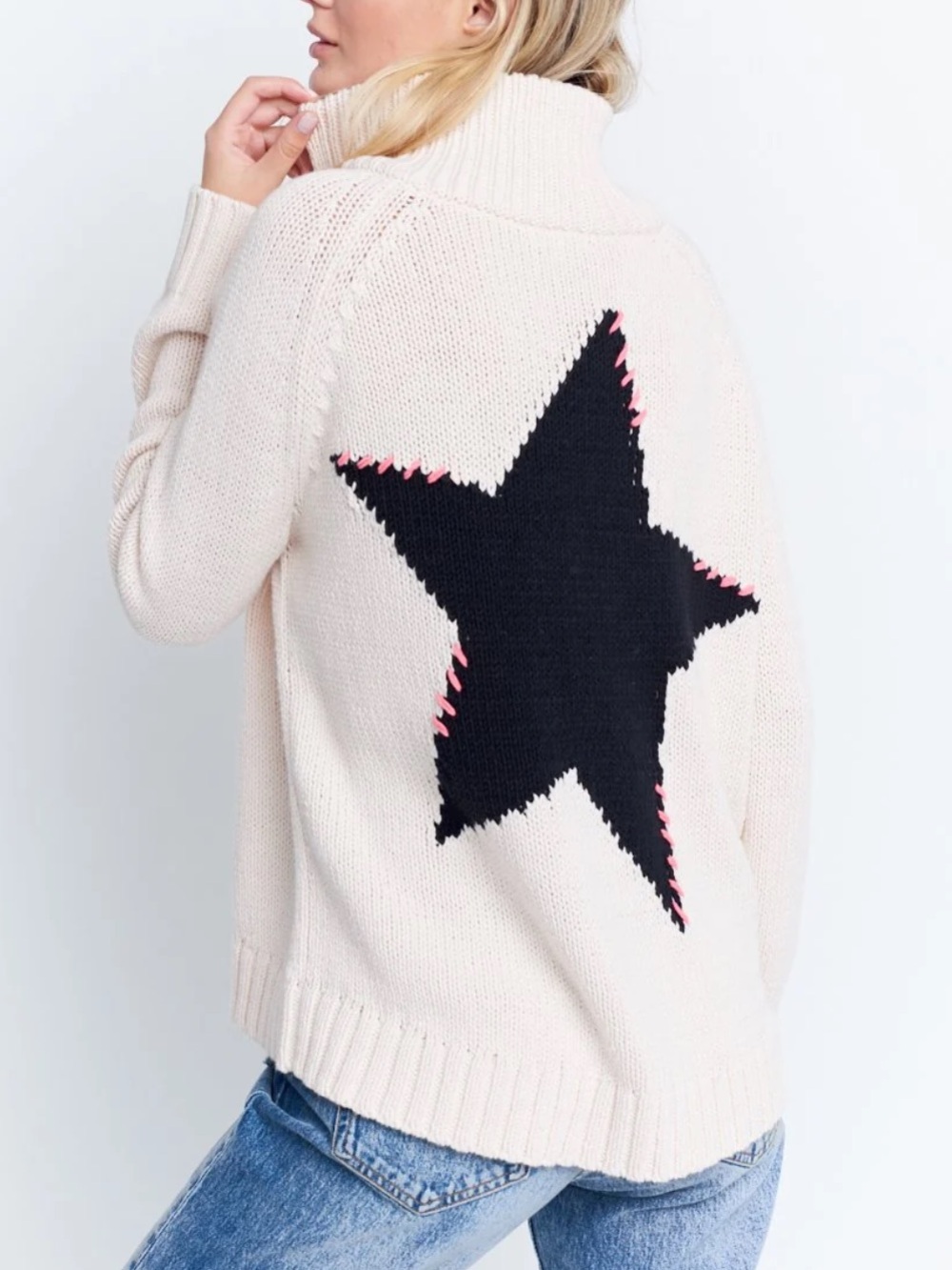 Lisa Todd Starlight Cream Turtleneck Sweater with Black Star and Pink Stitching